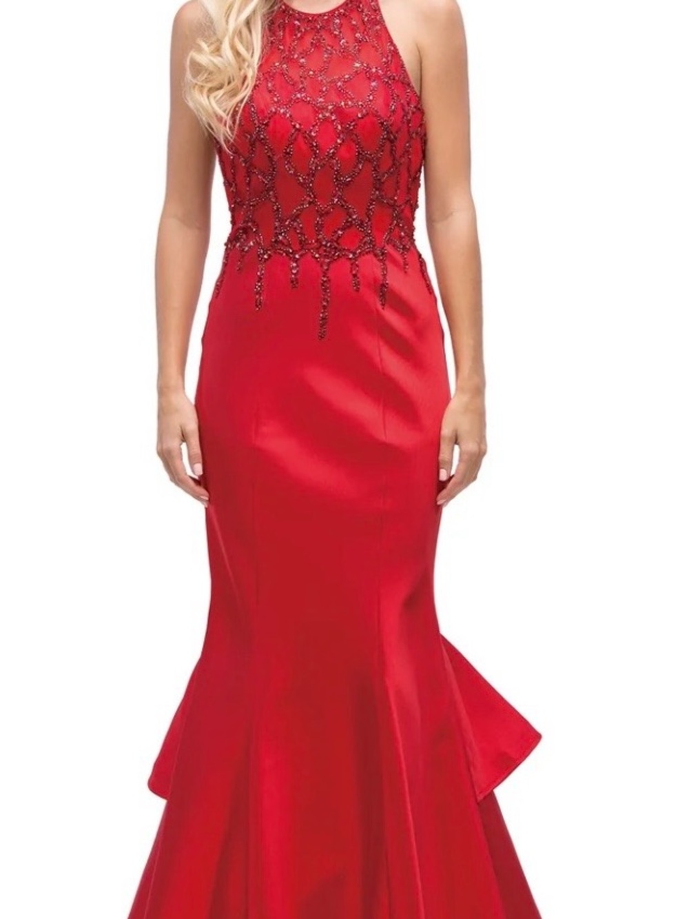 Dancing Queen Red Beaded Halter Mermaid Gown